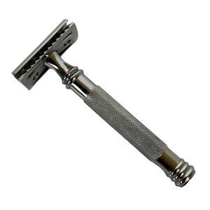 Mens Double Edge Safety Razor Textured Chrome Handle Sleek Design Grooming Tool